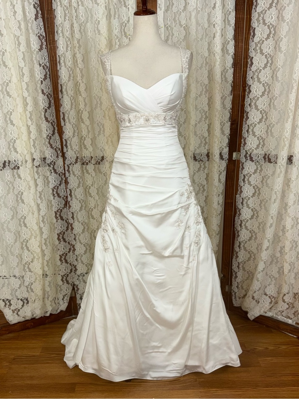 Elegant Essense of Australia White Satin Lace-Trim Wedding Dress